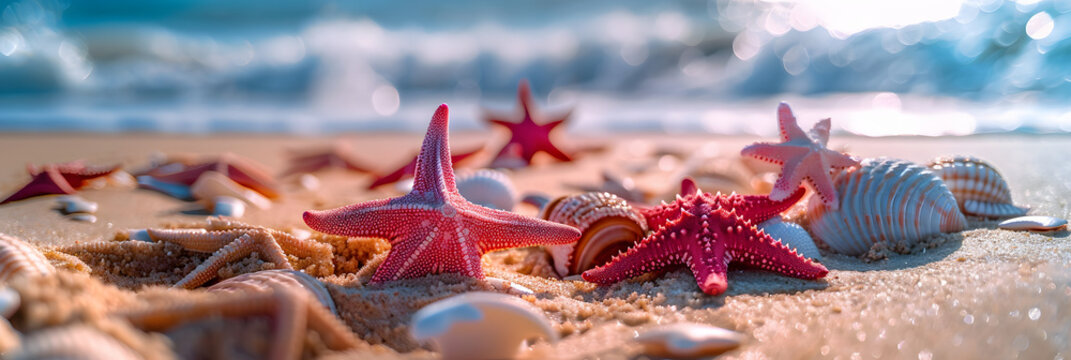 web banner filled with pink starfish lying on the sand of a beach
