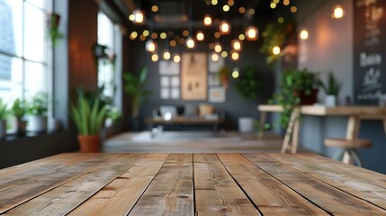 Poster - Empty wooden table in front of abstract blurred cafe background. Layout for product demonstration