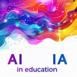 Educación con Inteligencia Artificial, AI, IA, diseño facial ondas colores a modo de melena, texto a modo de ojos y boca, 
