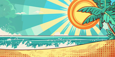 Illustrated banner in pop art style with sea, beach, sun and palm tree