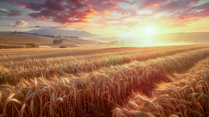 Wall Mural - Wheat field at sunset, agricultural fields with tractor, Harvester machine working at wheat field.