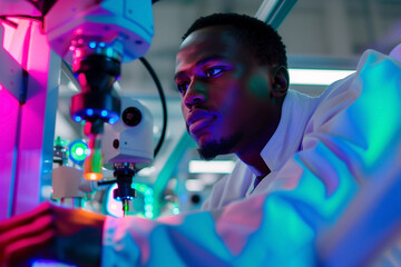 Afro-American lab technician observing through high-tech microscopic equipment with reflection of purple neon light on the face