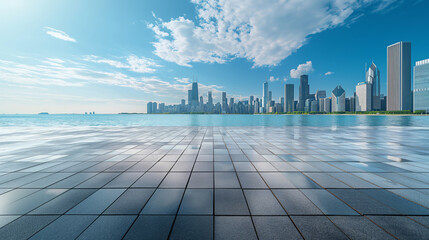 Wall Mural - Expansive cityscape with clear blue sky from urban esplanade