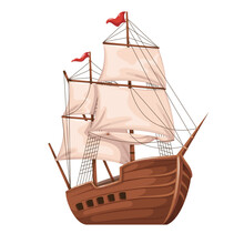 Old Wooden Ship, Cartoon Sailboat For Sea And Ocean Cruise. Old Boat With White Sails And Ropes, Red Flags And Deck With Cannon Onboard, Cartoon Pirate Treasure Hunter Ship Vector Illustration