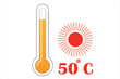 Orange Thermometer With 50 degree Celsius logo Icon and red sun icon.