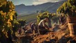 Grape harvest in Greek vineyard workers picking rustic winepress