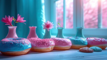 Poster -   A table topped with donuts covered in frosting and sprinkles next to vases filled with flowers