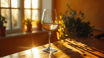 Wall Mural -   A wine glass resting atop a wooden table beside a potted plant near a window