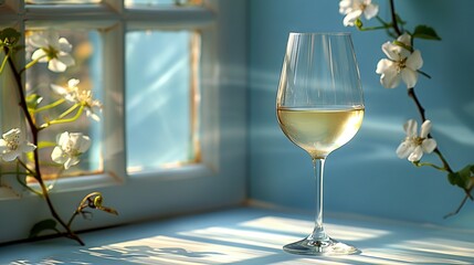 Wall Mural -   A glass of white wine sits near a window with a white flower branch in front