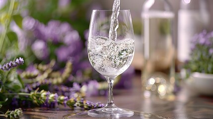 Wall Mural -   A glass of water sits atop a table beside a vase adorned with purple and white blossoms