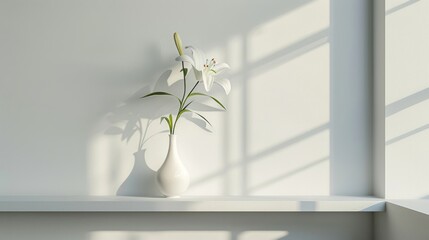 Wall Mural - minimalist interior design, minimalist interior design: white wall, one shelf holding a vase with a solitary flower