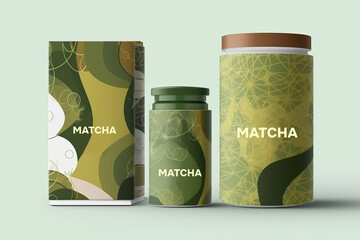 Sticker - Japanese green tea banners. Pile of matcha tea powder with tea leaves. frame with doodle tea and abstract elements.	
