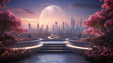 a futuristic pop landscape design featuring a sleek and minimalist cityscape with glowing pathways a