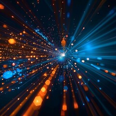 Wall Mural - Abstract background of blue and orange light rays with a digital data stream in the center. The background shows streaks and lines moving fast in the style of digital technology