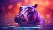 Hippopotamus with colorful neon retrowave background.
