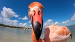Close-up selfie portrait of a flamingo.