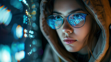 A close-up portrait of a young female computer programmer looking at the code