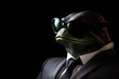 Funny frog with sunglasses in a suit on a black background.