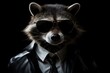 Funny raccoon with sunglasses in a suit on a black background.