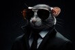 Funny rat with sunglasses in a suit on a black background.