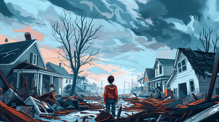 Wall Mural - A boy stands in the middle of a destroyed town