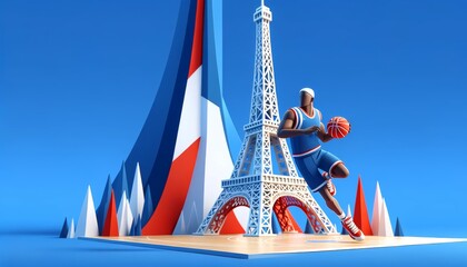 Wall Mural - Basketball player and Eiffel tower, Basketball game in France, games 2024