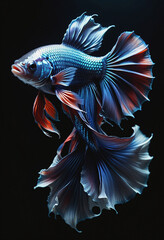 Wall Mural - Blue fighting betta fish on black background