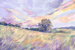 Painting landscape of a field with trees in purple colors.