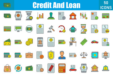 Sticker - Credit And Loan 50 web icons in outline filled style