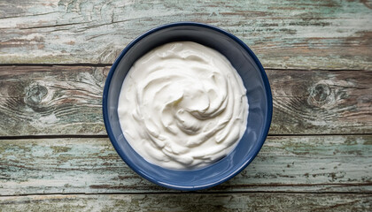 Wall Mural - Greek yogurt in blue bowl on rustic wooden table top view.