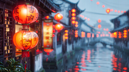 Traditional Red Lanterns Illuminating the Night, Festive Atmosphere During a Chinese Festival