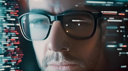 Wall Mural - code insight: close-up eye with eyeglasses overlay and coding screen, inspiring programming and comp