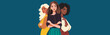 Vector flat banner, space for text, young women friends of different nationalities, skin color, culture standing together. Vector concept of movement for gender equality and women's empowerment