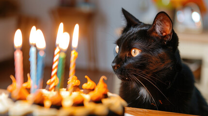 Wall Mural - Curious and happy black cat celebrates his birthday by sitting cheerfully in front of a delicious birthday cake decorated with candles