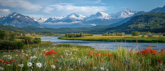 Wall Mural - Green wide beautiful landscape with big river and flower fields with blue cloudy sky mountains snowy peaks background 