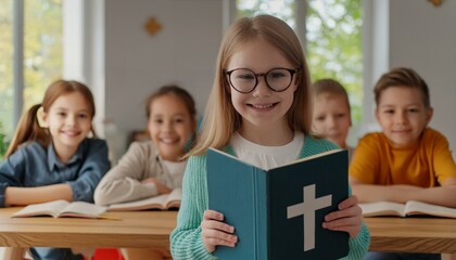 Wall Mural - Child Show Happy The Bible At School. Child Hold The Book. 