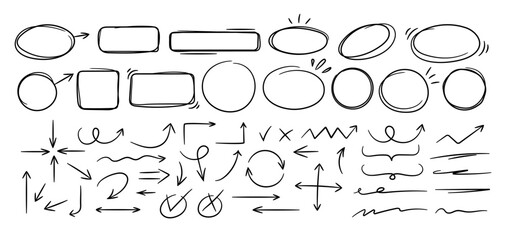 Sketch line frames, pointers. Doodle arrow, circle, oval and square shape frame, check mark elements. Freehand black marker, pen underline and navigation symbols. Vector set
