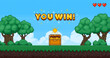 © Foxy Fox - Pixel game art win background. Retro 8 bit video games screen, computer game victory with coins, grass and trees. Pixel level up arcade interface for winner. Vector concept