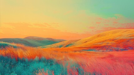 beautiful modern landscape, sunset over the mountains, background for a banner in peach fluff and blue colors