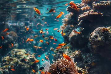 Wall Mural - Underwater view of coral reef with tropical fish and seaweed.