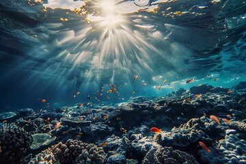 Wall Mural - Underwater view of coral reef with tropical fish and sunbeams