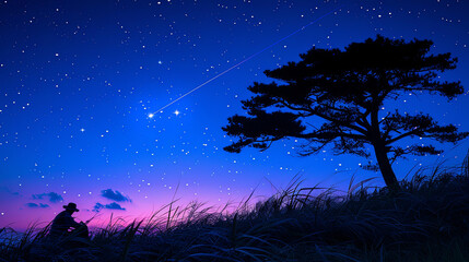 Wall Mural - a person is sitting in the grass looking up at the sky