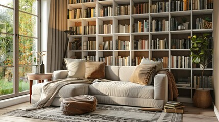 Wall Mural - 3D rendering of stylish lounge area with comfortable sofa and bookshelves