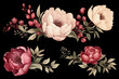 Elegant lush flowers set of illustrations on black background. Blooming pink peonies