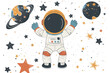 Astronaut in outer space among stars, asteroids and planets illustration. Baby character astronaut in space