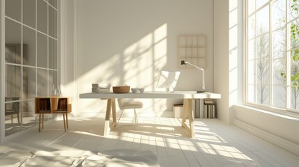 Wall Mural - 3D rendering of stylish workspace with minimalist desk and bright natural light