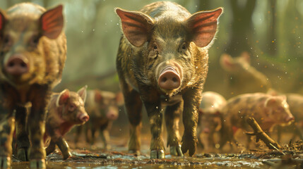 Wall Mural - A group of pigs are walking through a muddy field