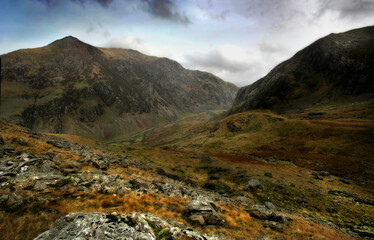 Wall Mural - Moody and stormy Welsh mountain scene set in the snowdonia national park Wales.