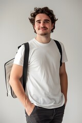 Wall Mural - Casual Man with White T-Shirt and Backpack