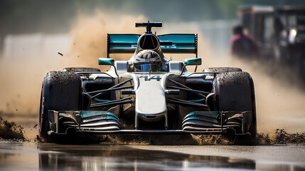 Dynamic Action Shot of a Formula One Car Racing on Track, Powerful Performance and Modern Aerodynamics Captured